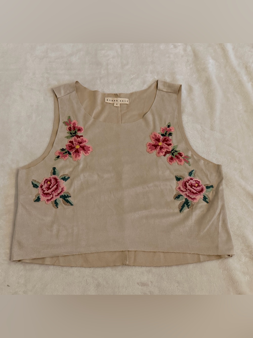 Blush Noir Size Small Beige w/ Pink Floral Embroidered Sleeveless Crop Top